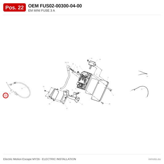 EM MINI FUSE 3 A – Electric Motion Escape MY26 exploded view, electric installation, pos. 22