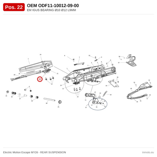 EM IGUS BEARING Ø10 Ø12 L9MM – Electric Motion Escape MY26 exploded view, rear suspension, pos. 22