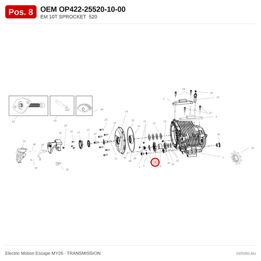 EM 10T SPROCKET  520 – Electric Motion Escape MY26 exploded view, transmission, pos. 8