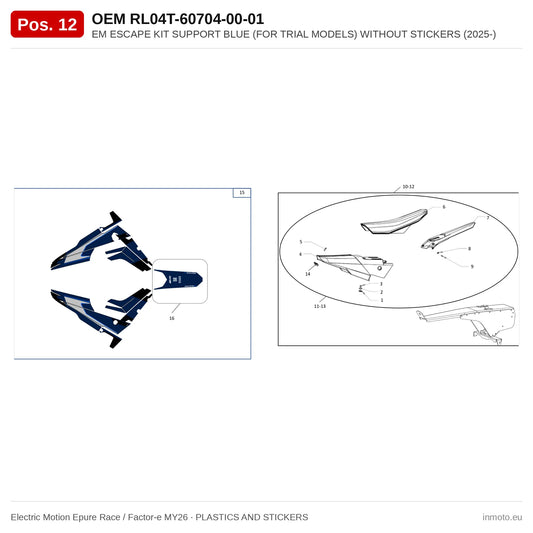 EM ESCAPE KIT SUPPORT BLUE (FOR TRIAL MODELS) WITHOUT STICKERS (2025-) – Electric Motion Epure Race / Factor-e MY26 exploded view, plastics and stickers, pos. 12
