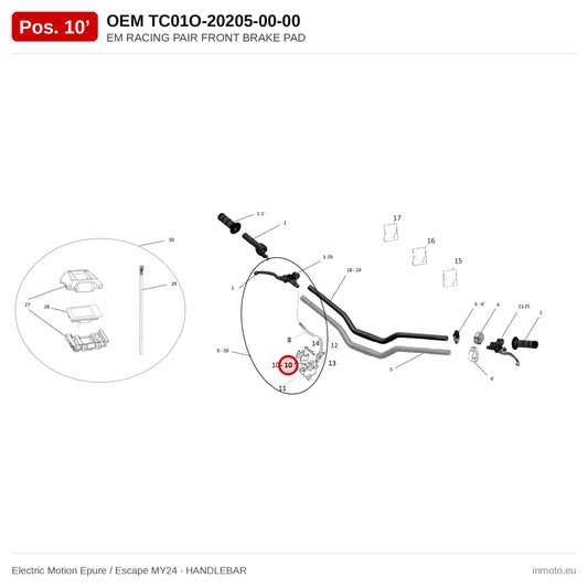 EM RACING PAIR FRONT BRAKE PAD – Electric Motion Epure / Escape MY24 exploded view, handlebar, pos. 10'
