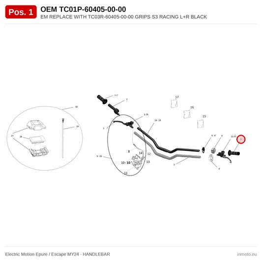 EM REPLACE WITH TC03R-60405-00-00 GRIPS S3 RACING L+R BLACK – Electric Motion Epure / Escape MY24 exploded view, handlebar, pos. 1
