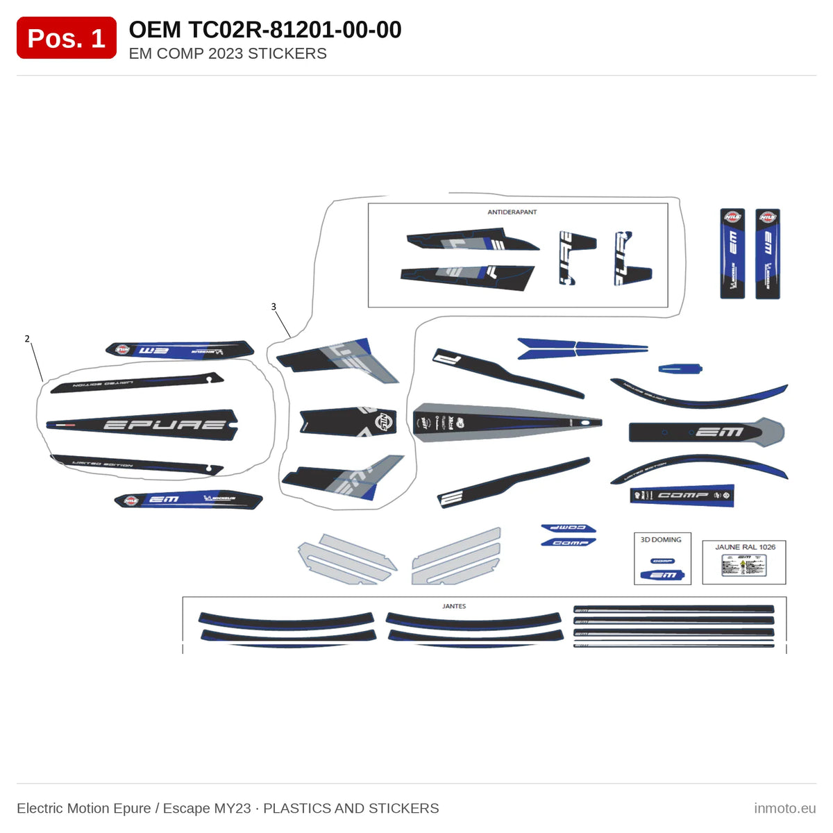 EM COMP 2023 STICKERS – Electric Motion Epure / Escape MY23 exploded view, plastics and stickers, pos. 1