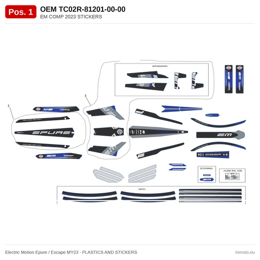 EM COMP 2023 STICKERS – Electric Motion Epure / Escape MY23 exploded view, plastics and stickers, pos. 1