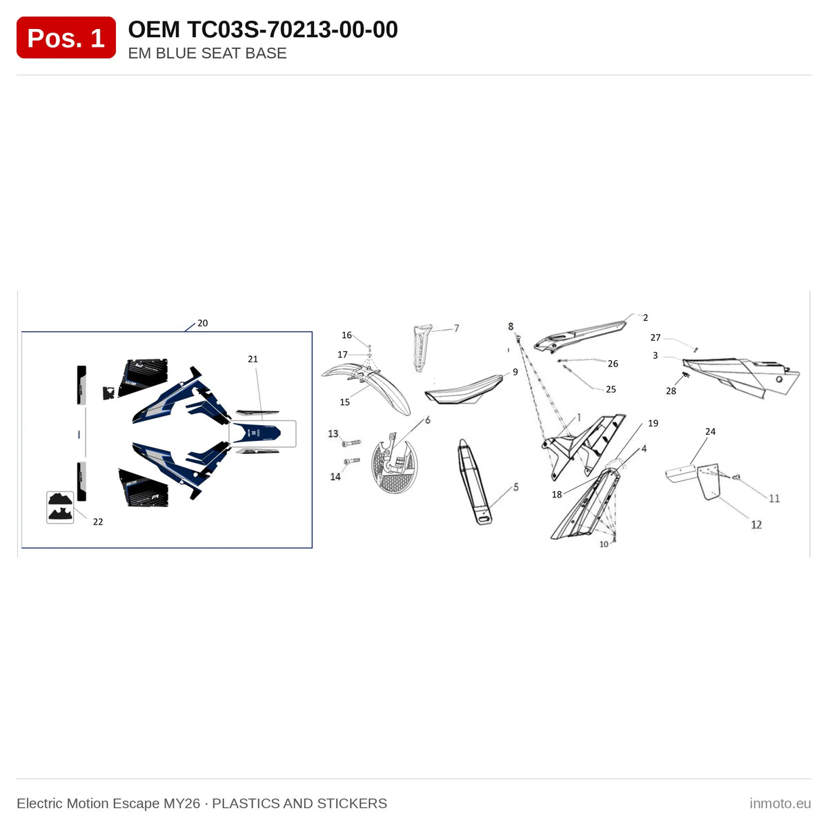 EM BLUE SEAT BASE – Electric Motion Escape MY26 exploded view, plastics and stickers, pos. 1