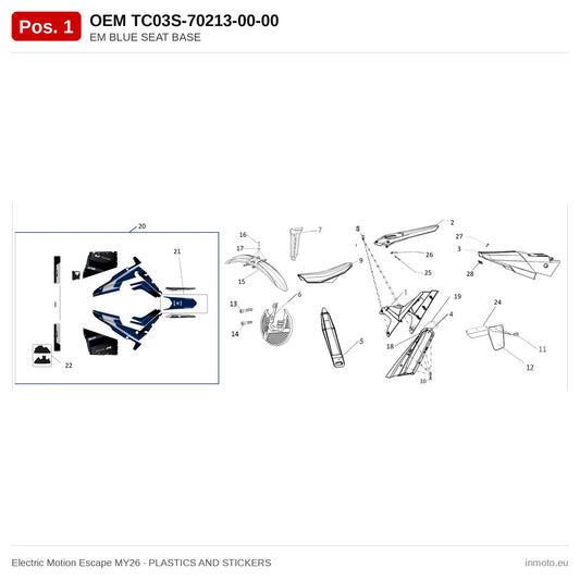 EM BLUE SEAT BASE – Electric Motion Escape MY26 exploded view, plastics and stickers, pos. 1