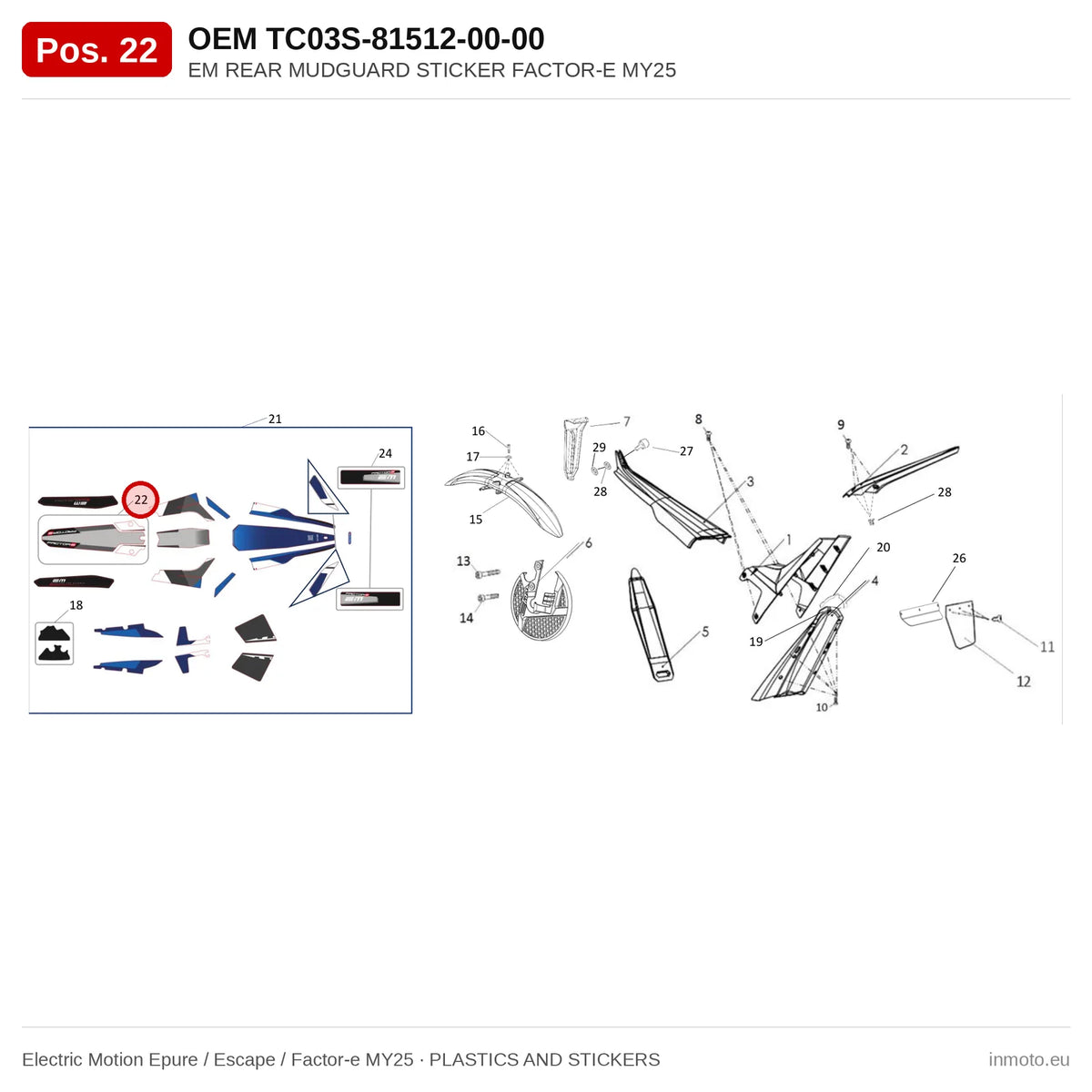 EM REAR MUDGUARD STICKER FACTOR-E MY25 – Electric Motion Epure / Escape / Factor-e MY25 exploded view, plastics and stickers, pos. 22