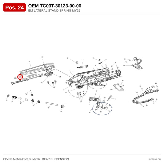 EM LATERAL STAND SPRING MY26 – Electric Motion Escape MY26 exploded view, rear suspension, pos. 24