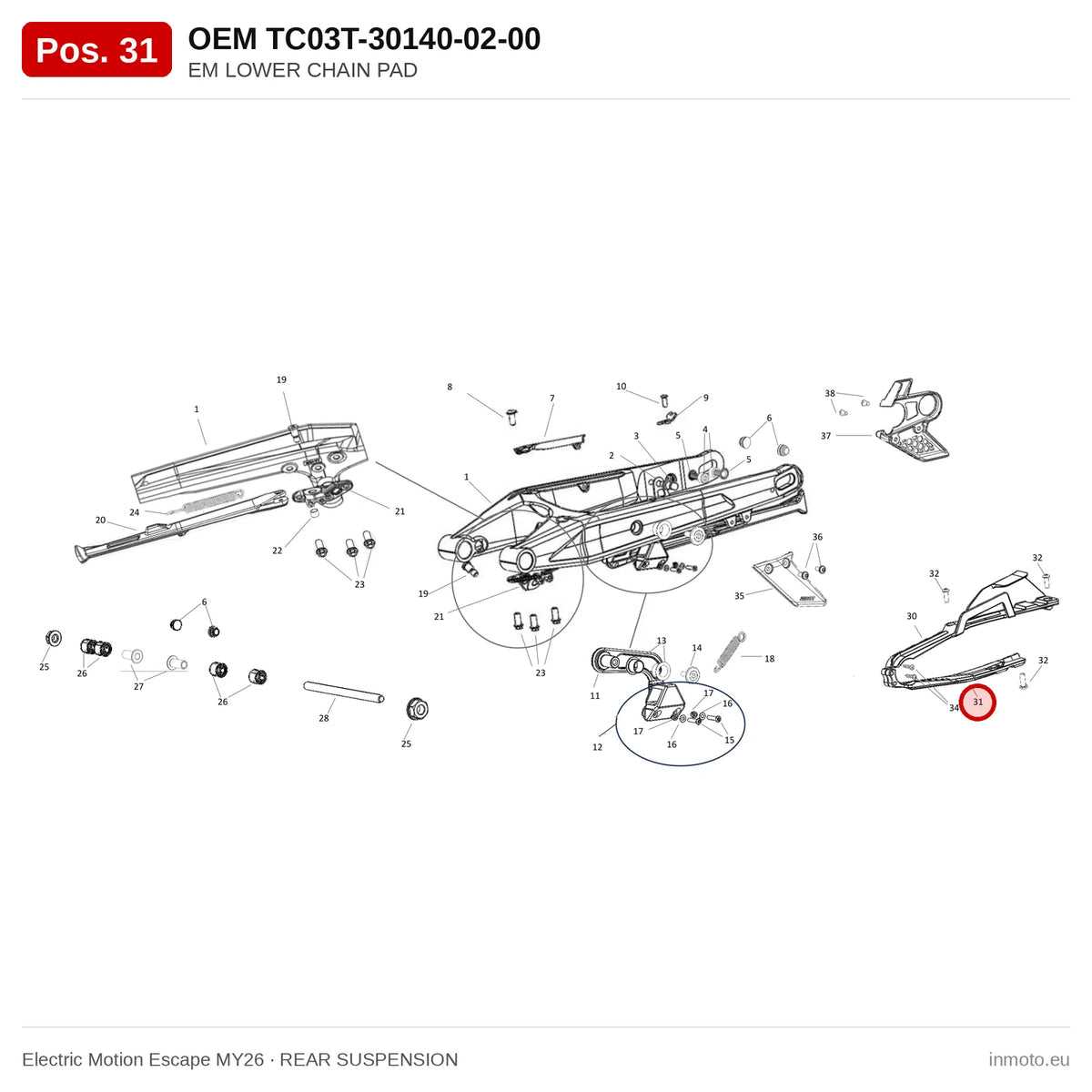 EM LOWER CHAIN PAD – Electric Motion Escape MY26 exploded view, rear suspension, pos. 31