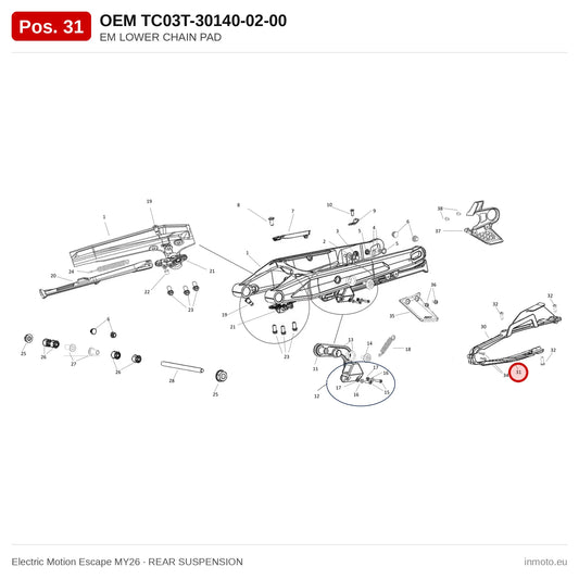 EM LOWER CHAIN PAD – Electric Motion Escape MY26 exploded view, rear suspension, pos. 31