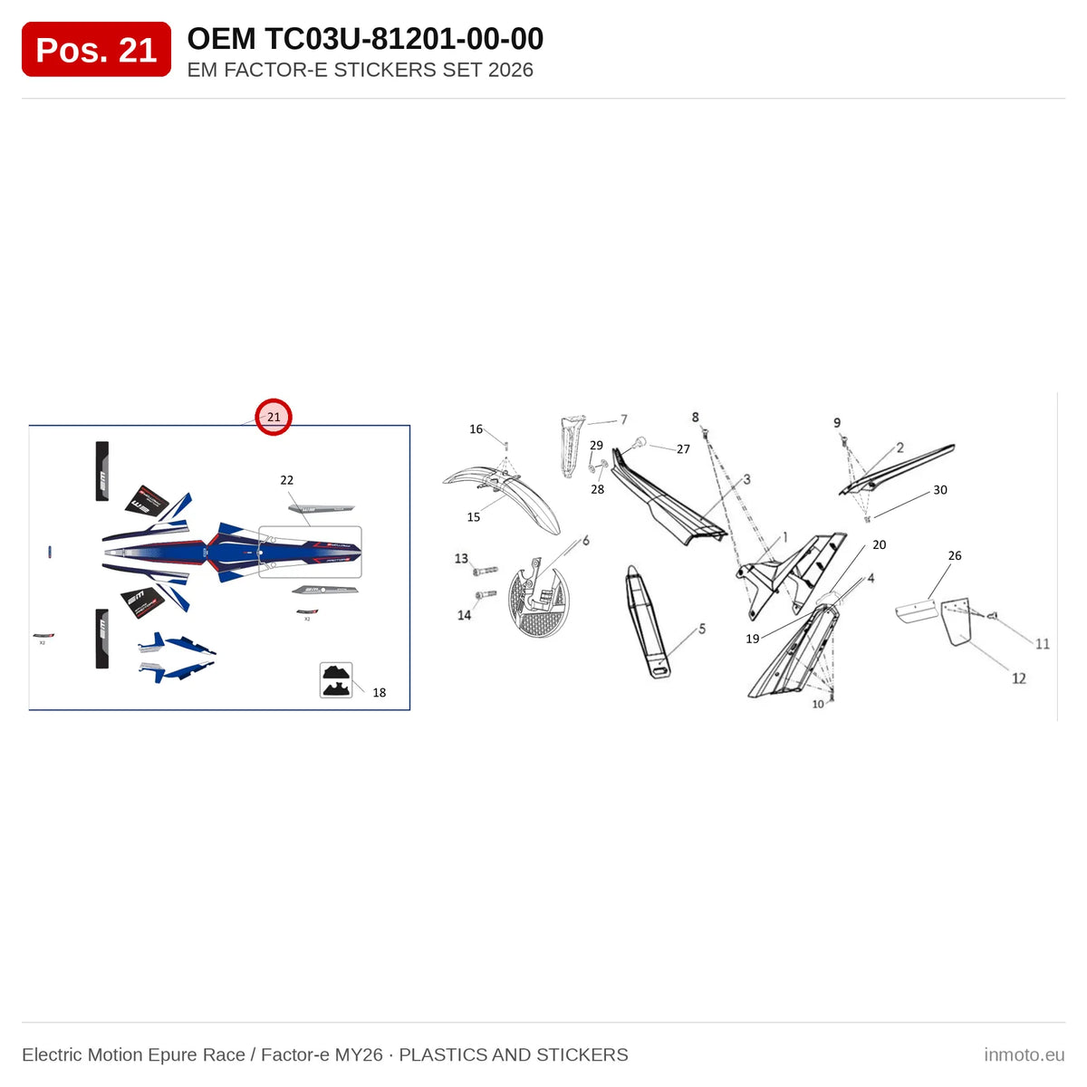 EM FACTOR-E STICKERS SET 2026 – Electric Motion Epure Race / Factor-e MY26 exploded view, plastics and stickers, pos. 21