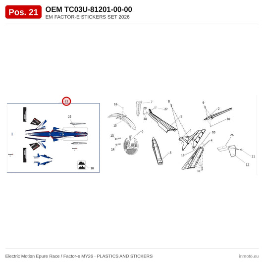 EM FACTOR-E STICKERS SET 2026 – Electric Motion Epure Race / Factor-e MY26 exploded view, plastics and stickers, pos. 21