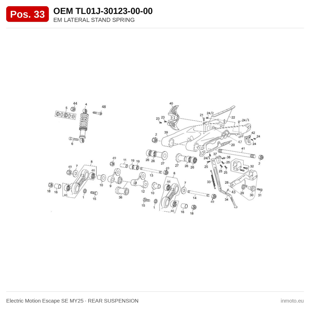EM LATERAL STAND SPRING – Electric Motion Escape SE MY25 exploded view, rear suspension, pos. 33