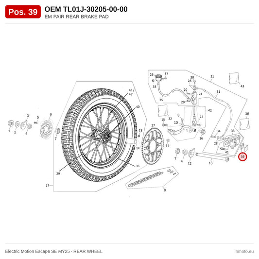 EM PAIR REAR BRAKE PAD – Electric Motion Escape SE MY25 exploded view, rear wheel, pos. 39