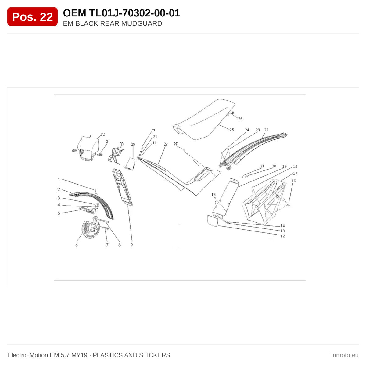 EM BLACK REAR MUDGUARD – Electric Motion EM 5.7 MY19 exploded view, plastics and stickers, pos. 22