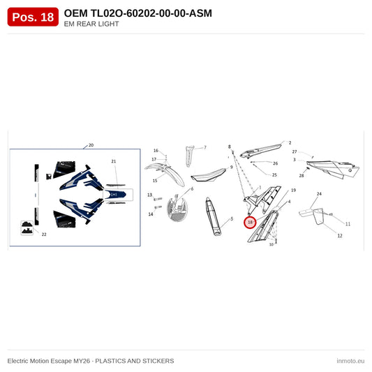 EM REAR LIGHT – Electric Motion Escape MY26 exploded view, plastics and stickers, pos. 18