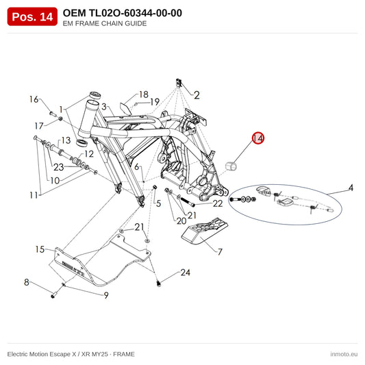 EM FRAME CHAIN GUIDE – Electric Motion Escape X / XR MY25 exploded view, frame, pos. 14