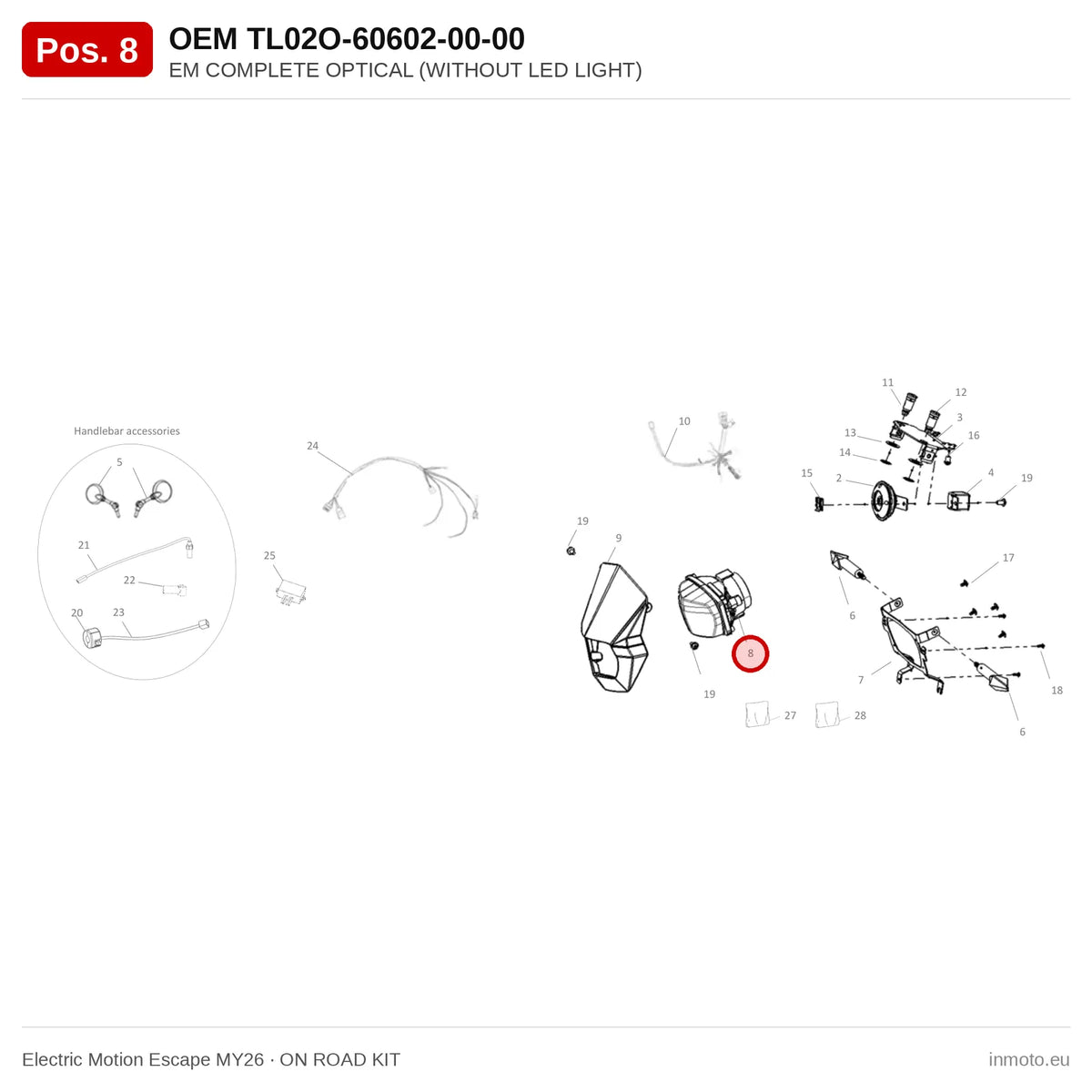 EM COMPLETE OPTICAL (WITHOUT LED LIGHT) – Electric Motion Escape MY26 exploded view, on road kit, pos. 8