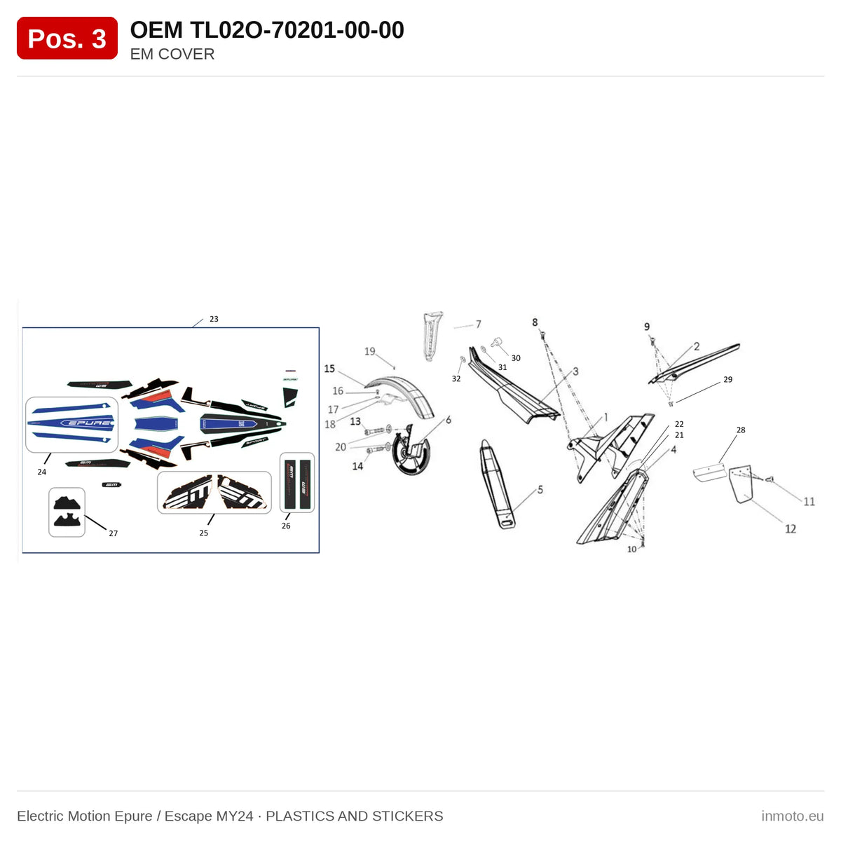 EM COVER – Electric Motion Epure / Escape MY24 exploded view, plastics and stickers, pos. 3