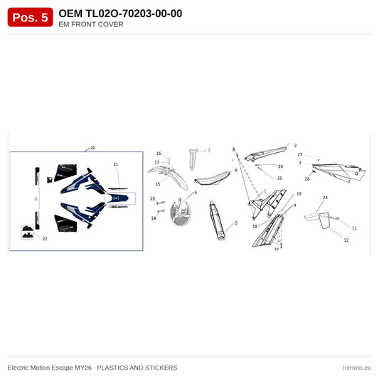 EM FRONT COVER – Electric Motion Escape MY26 exploded view, plastics and stickers, pos. 5
