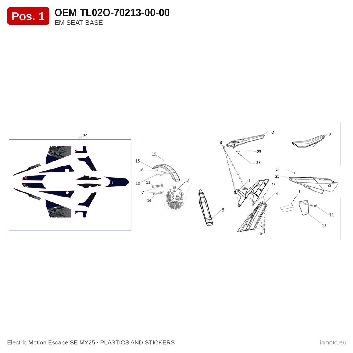EM SEAT BASE – Electric Motion Escape SE MY25 exploded view, plastics and stickers, pos. 1