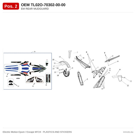 EM REAR MUDGUARD – Electric Motion Epure / Escape MY24 exploded view, plastics and stickers, pos. 2
