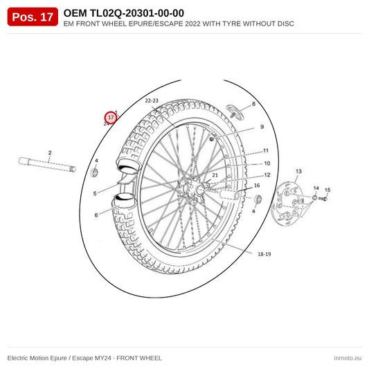 EM FRONT WHEEL EPURE/ESCAPE 2022 WITH TYRE WITHOUT DISC – Electric Motion Epure / Escape MY24 exploded view, front wheel, pos. 17