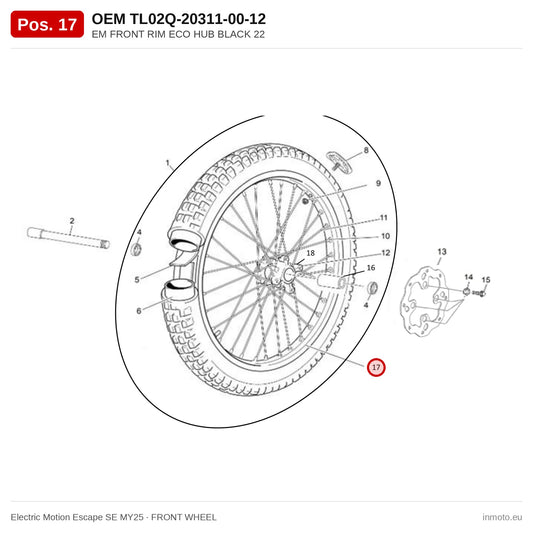 EM FRONT RIM ECO HUB BLACK 22 – Electric Motion Escape SE MY25 exploded view, front wheel, pos. 17