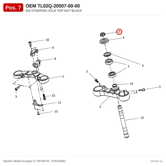 EM STEERING AXLE TOP NUT BLACK – Electric Motion Escape X / XR MY26 exploded view, steering, pos. 7