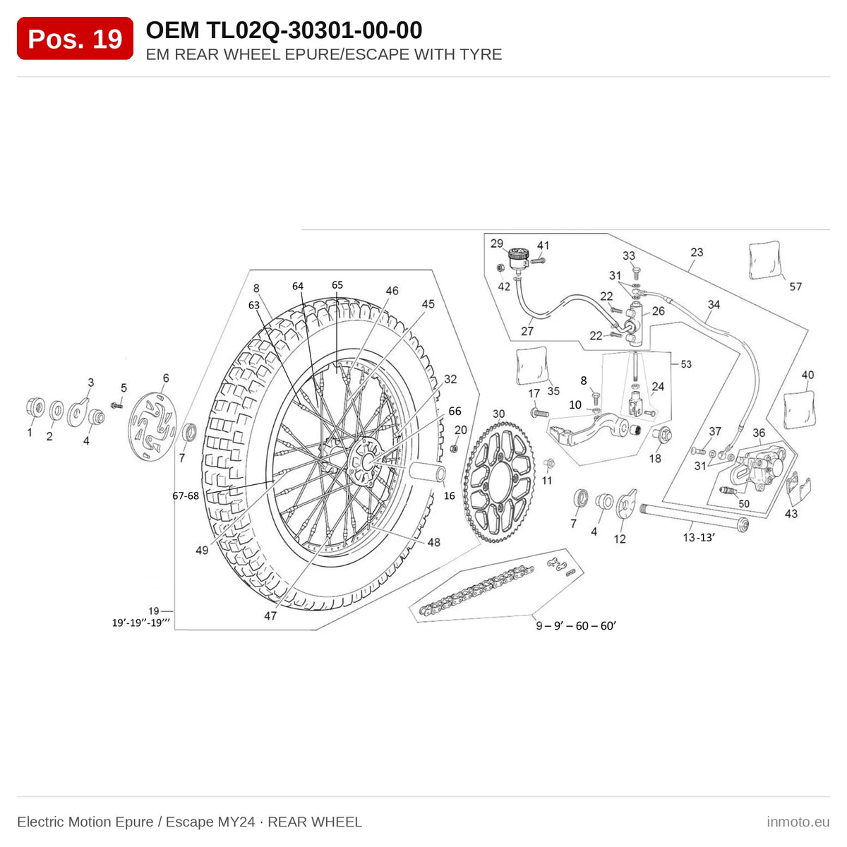 EM REAR WHEEL EPURE/ESCAPE WITH TYRE – Electric Motion Epure / Escape MY24 exploded view, rear wheel, pos. 19