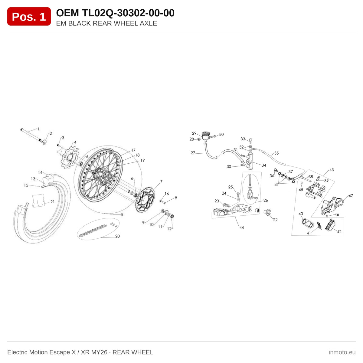 EM BLACK REAR WHEEL AXLE – Electric Motion Escape X / XR MY26 exploded view, rear wheel, pos. 1