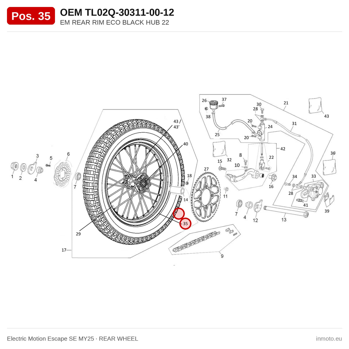 EM REAR RIM ECO BLACK HUB 22 – Electric Motion Escape SE MY25 exploded view, rear wheel, pos. 35