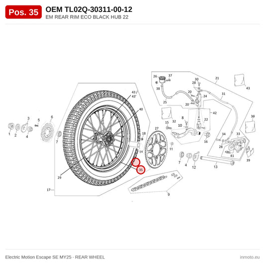 EM REAR RIM ECO BLACK HUB 22 – Electric Motion Escape SE MY25 exploded view, rear wheel, pos. 35
