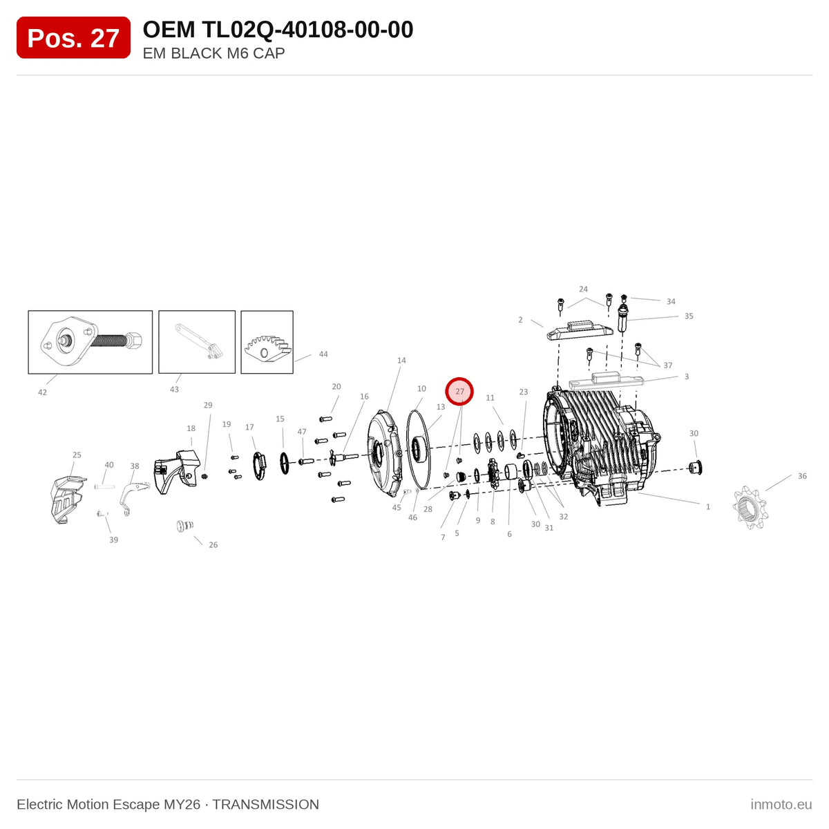 EM BLACK M6 CAP – Electric Motion Escape MY26 exploded view, transmission, pos. 27