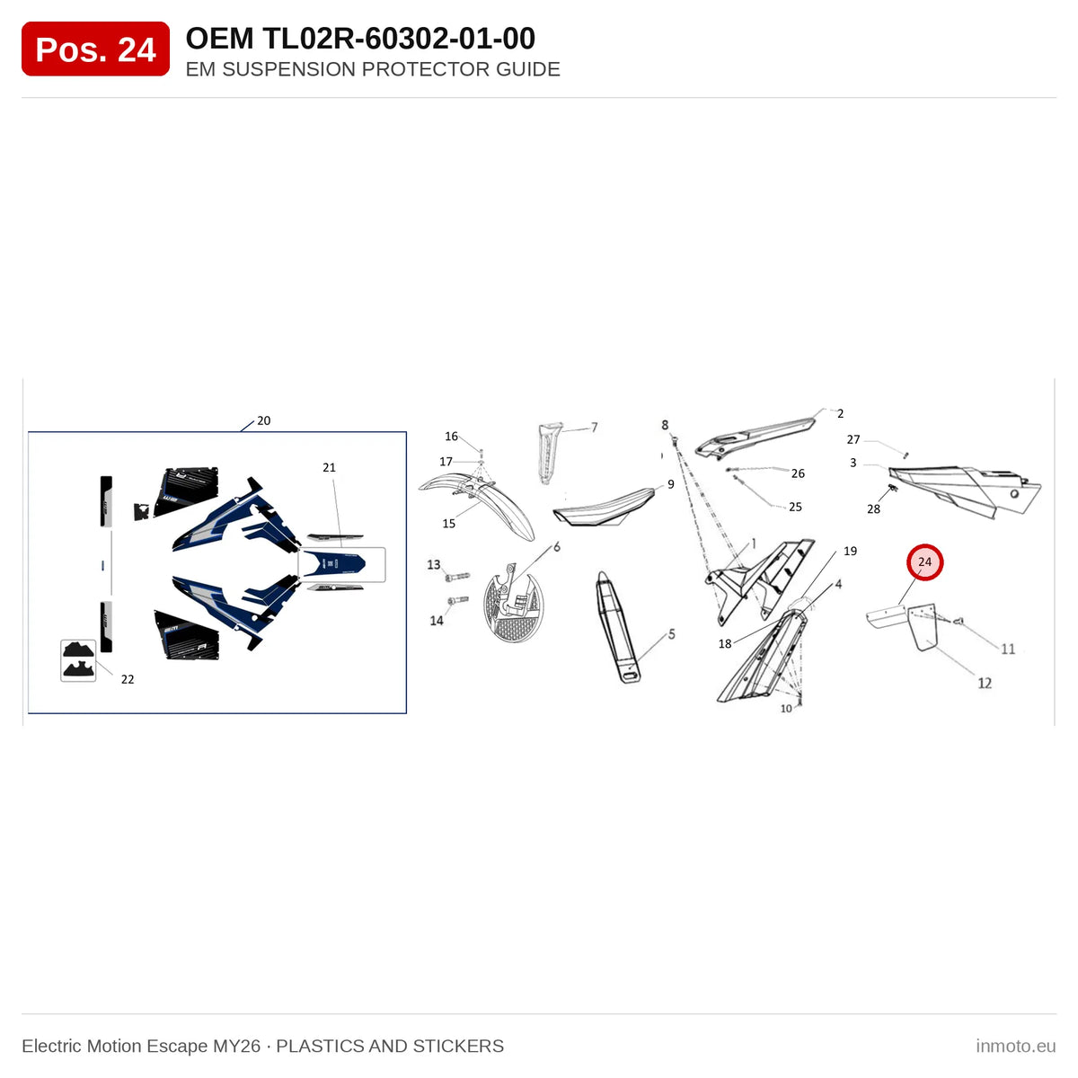 EM SUSPENSION PROTECTOR GUIDE – Electric Motion Escape MY26 exploded view, plastics and stickers, pos. 24