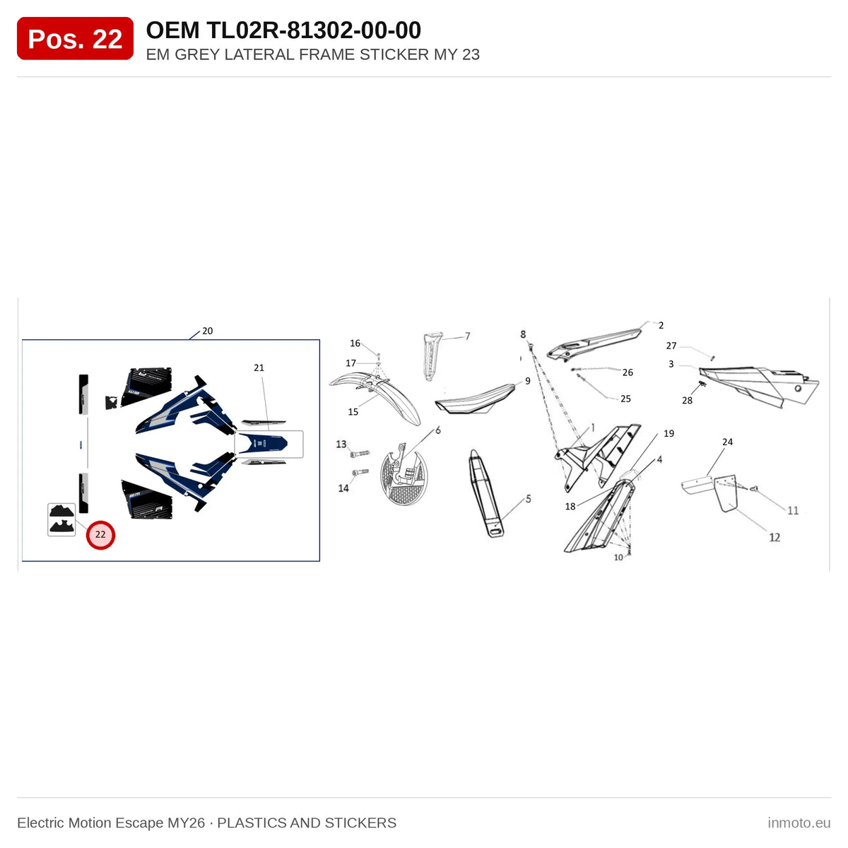 EM GREY LATERAL FRAME STICKER MY 23 – Electric Motion Escape MY26 exploded view, plastics and stickers, pos. 22