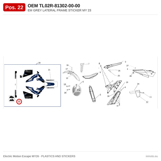 EM GREY LATERAL FRAME STICKER MY 23 – Electric Motion Escape MY26 exploded view, plastics and stickers, pos. 22