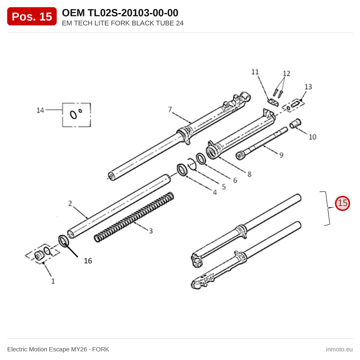 EM TECH LITE FORK BLACK TUBE 24 – Electric Motion Escape MY26 exploded view, fork, pos. 15