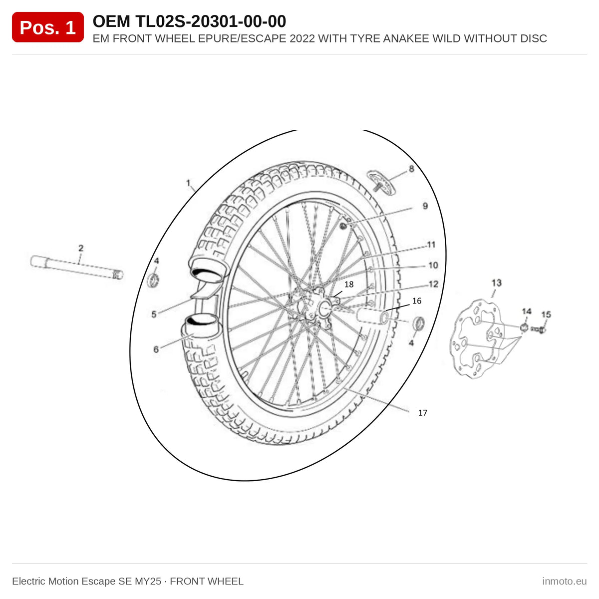 EM FRONT WHEEL EPURE/ESCAPE 2022 WITH TYRE ANAKEE WILD WITHOUT DISC – Electric Motion Escape SE MY25 exploded view, front wheel, pos. 1