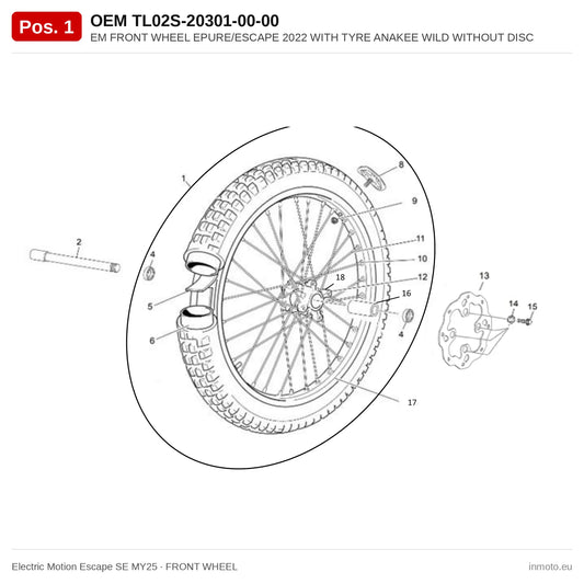 EM FRONT WHEEL EPURE/ESCAPE 2022 WITH TYRE ANAKEE WILD WITHOUT DISC – Electric Motion Escape SE MY25 exploded view, front wheel, pos. 1