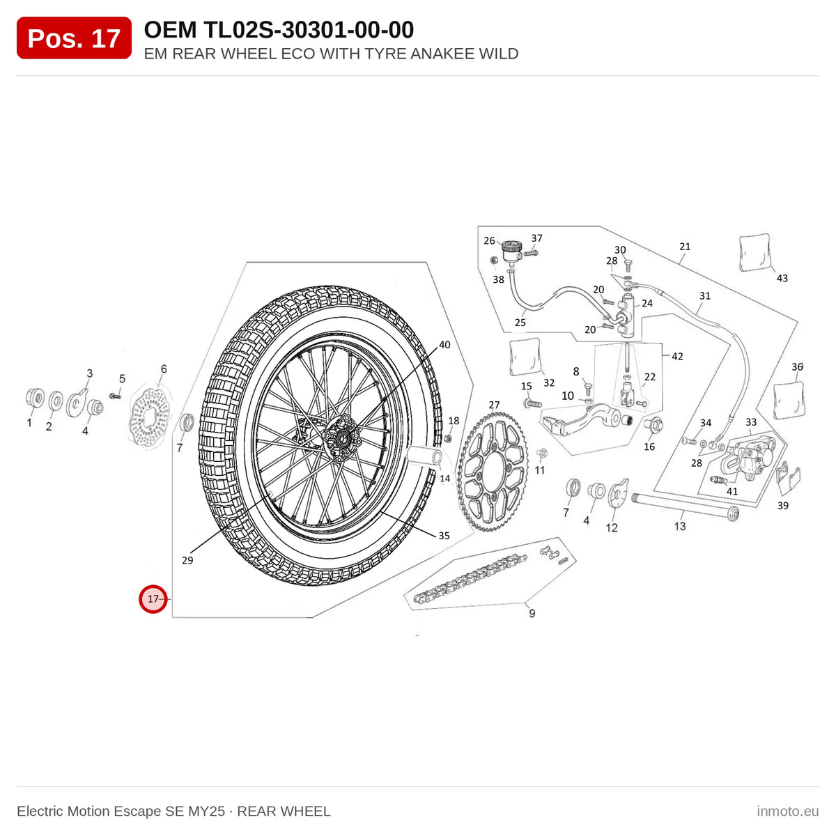 EM REAR WHEEL ECO WITH TYRE ANAKEE WILD – Electric Motion Escape SE MY25 exploded view, rear wheel, pos. 17