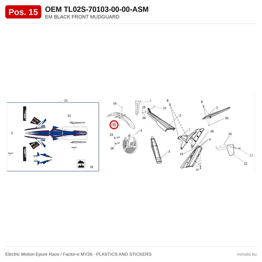 EM BLACK FRONT MUDGUARD – Electric Motion Epure Race / Factor-e MY26 exploded view, plastics and stickers, pos. 15