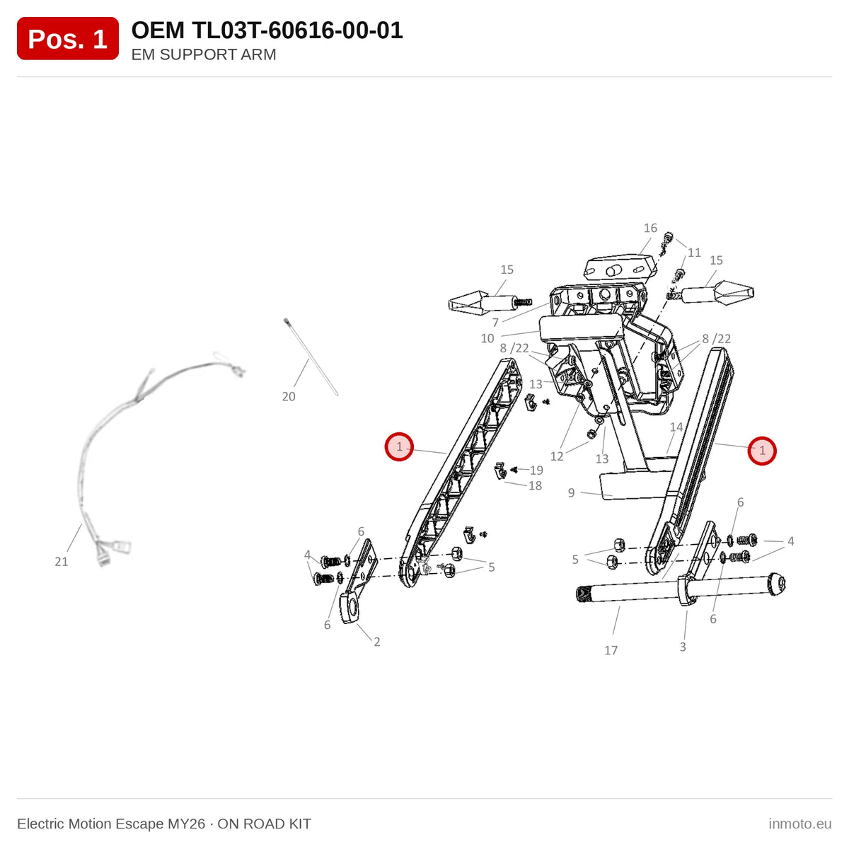 EM SUPPORT ARM – Electric Motion Escape MY26 exploded view, on road kit, pos. 1