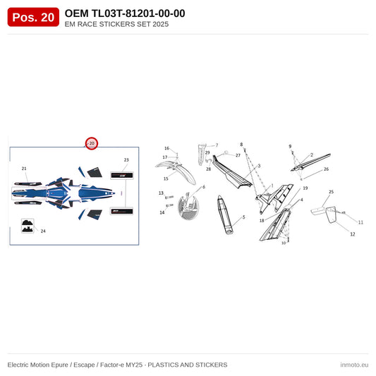 EM RACE STICKERS SET 2025 – Electric Motion Epure / Escape / Factor-e MY25 exploded view, plastics and stickers, pos. 20