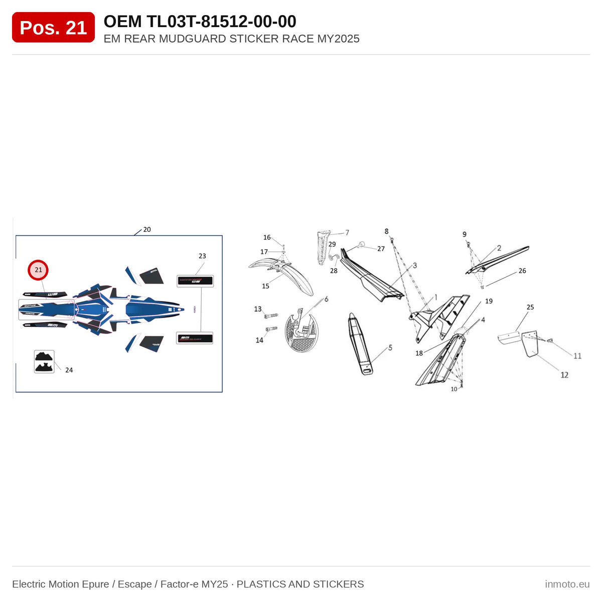 EM REAR MUDGUARD STICKER RACE MY2025 – Electric Motion Epure / Escape / Factor-e MY25 exploded view, plastics and stickers, pos. 21