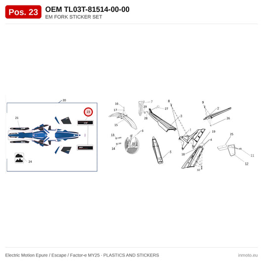 EM FORK STICKER SET – Electric Motion Epure / Escape / Factor-e MY25 exploded view, plastics and stickers, pos. 23