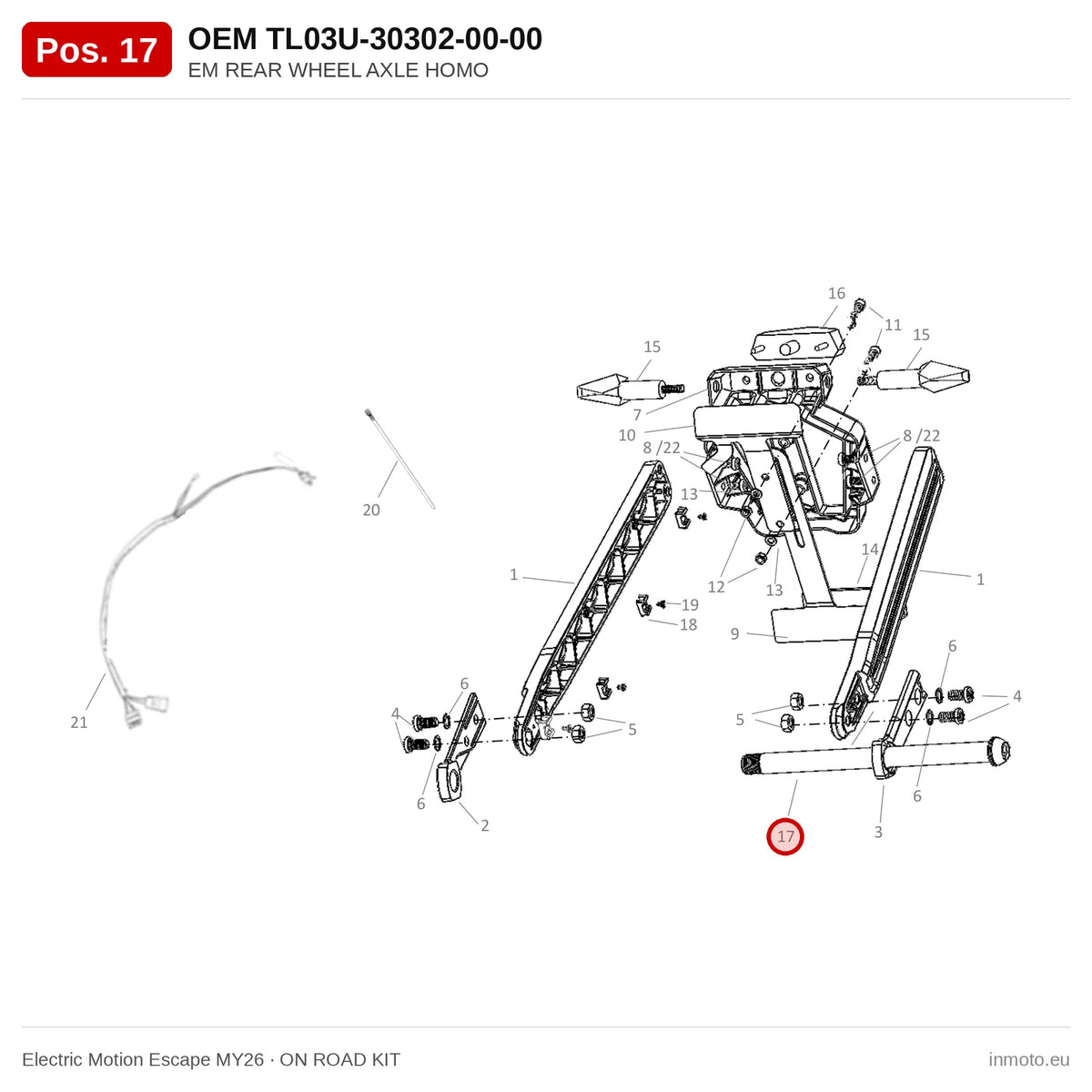 EM REAR WHEEL AXLE HOMO – Electric Motion Escape MY26 exploded view, on road kit, pos. 17