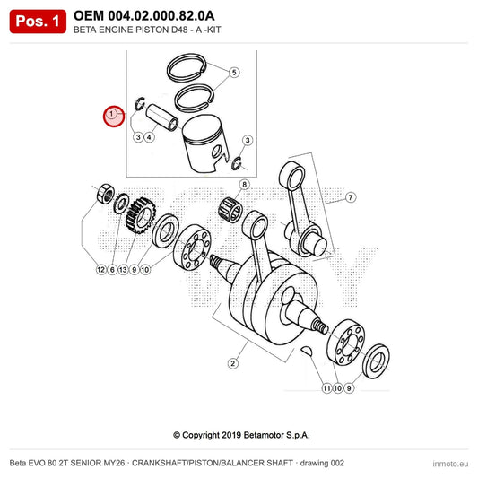 BETA ENGINE PISTON D48 - A -KIT – OEM 004.02.000.82.0A, position 1 on the Beta EVO 80 2T SENIOR MY26 crankshaft/piston/balancer shaft drawing