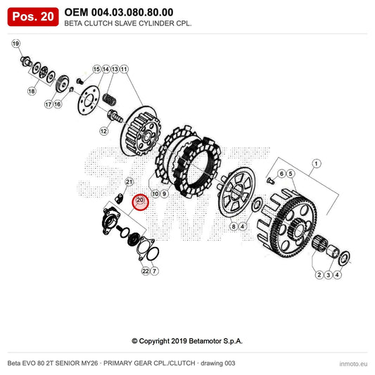 BETA CLUTCH SLAVE CYLINDER CPL. – OEM 004.03.080.80.00, position 20 on the Beta EVO 80 2T SENIOR MY26 primary gear cpl./clutch drawing
