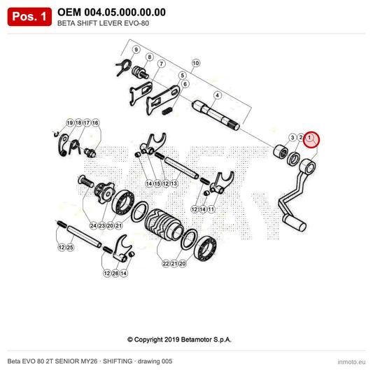BETA SHIFT LEVER EVO-80 – OEM 004.05.000.00.00, position 1 on the Beta EVO 80 2T SENIOR MY26 shifting drawing